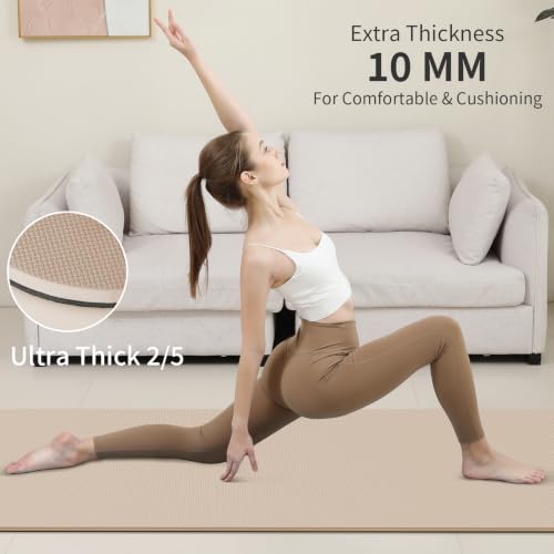 Extra Thick Yoga Mat 10mm - Non-Slip Fitness Mat with Carry Strap - Beige & Black - 72"x24"