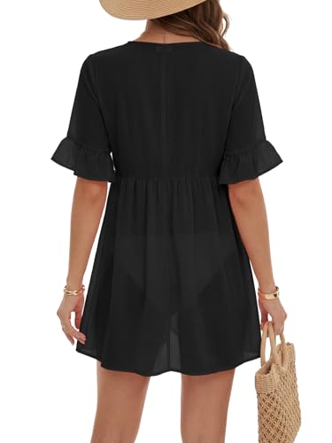 Women's V Neck Tie Knot Front Ruffle Sleeve Beach Coverup - Small/Black
