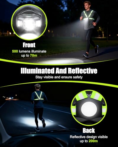 Dawinga 500LM Front & Rear Light Running Vest with 360° Reflective Strips (Rear Board + Front Light) - High-Vis Safety Vest for Runners