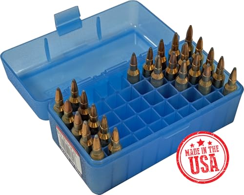 50 Round Rifle Ammo Box - Clear Blue, USA Made Storage Case
