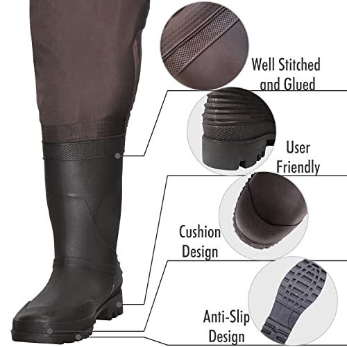OXYVAN M10/W12 Brown Chest Waders with Boots - Lightweight Nylon/PVC Fishing & Hunting Gear