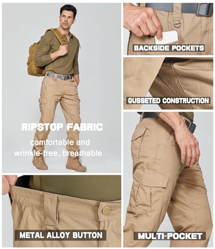 Mens Tactical Cargo Pants Ripstop Water-Resistant Breathable Work & Hiking Pants, Dark Khaki, 34W x 32L