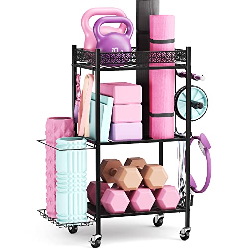 3-Tier Yoga Mat Storage Rack with Wheels & Hooks - Black