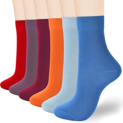 Women Thin Cotton Crew Socks 6 Pairs, Ankle Bootie Casual Dress, Red, Size 9-11