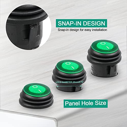 2 Pcs Green LED Round SPST Rocker Switch - Waterproof