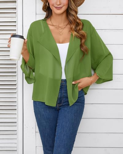 Chiffon Kimono Cardigan - Loose Open Front Bolero - Large Deep Green