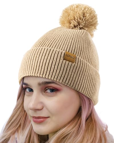 Womens Fleece-Lined Winter Beanie Hat with Pom Pom - Beige