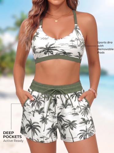 Aqua Eve Medium Green Palm Tree 3-Piece Tankini Swimsuit with Pockets High Waist Tummy Control