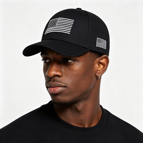 Patriotic USA Baseball Cap - Washed Mesh Sun Hat - Medium Black