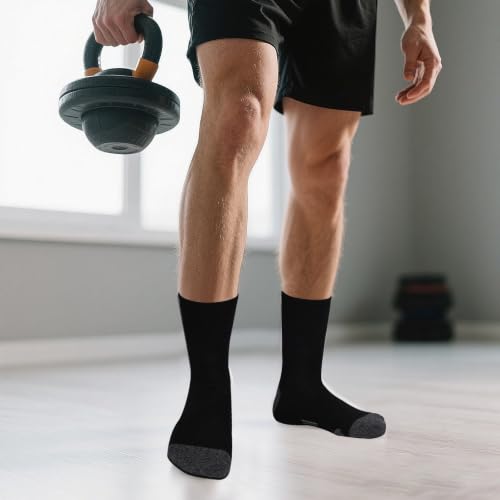 Mens Athletic Crew Socks - Cushioned, Breathable, 12 Pairs - Black, One Size
