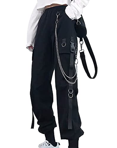 Women's Wide Leg Cargo Pants with Elastic Waist and Chain