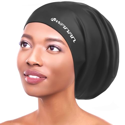 Extra Large Silicone Swim Cap for Long Hair - Black / X-Large