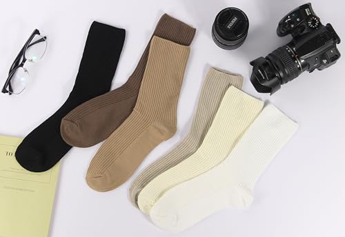 Thin Solid Cotton Crew Socks for Women - Above Ankle, 9-11, Black Cream White Khaki Light Brown Coffee