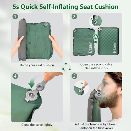 Inflatable Travel Seat Cushion - Self-Inflating Memory Foam Pad - Green