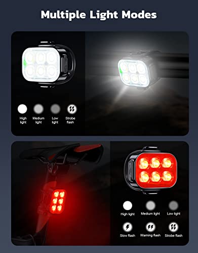 USB Rechargeable Bike Lights Set - Front & Back, Waterproof IP65, 10 Modes
