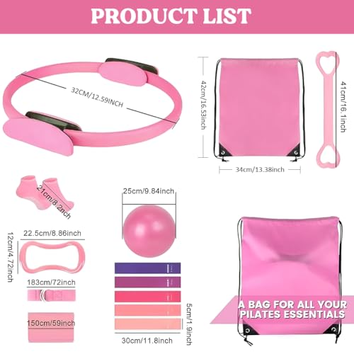 Pilates Ring 13-Piece Set with Resistance Bands - Pink
