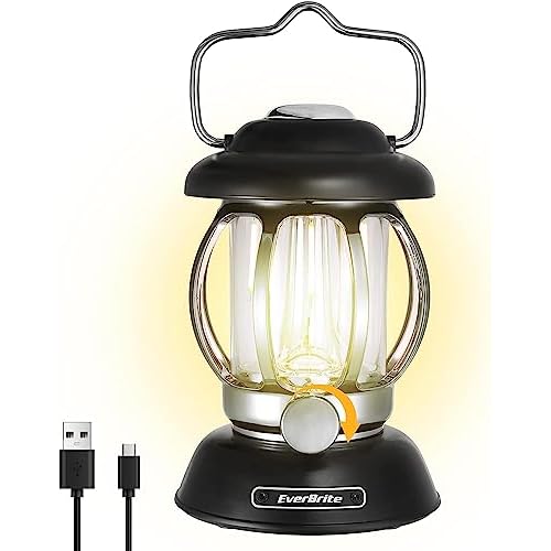 EverBrite Camping Lantern Rechargeable, Retro Metal Camping Light, 4400mAh Battery Powered Hanging Vintage Camping Lamp, 3 Light Modes, Outdoor Tent Light, Emergency Lantern for Power Outage - Black