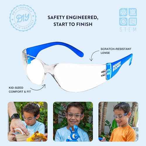 Handy Famm Blue Measuring Tape and Safety Glasses Double Bundle, 2 Lightweight Scratch Resistant Protective Eyewear for Children and 2 8Ft Animal Shaped Kids Tape Measurers