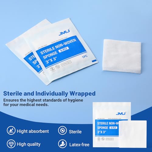 JMU 3x3 Inch Sterile Gauze Pads Pack of 100, 8-Ply Non-Woven Wound Dressings