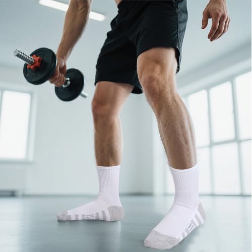 Men's Athletic Crew Socks - Cushioned, Breathable, Moisture Wicking - 12 Pairs, One Size, White