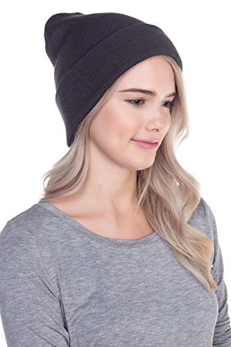 Unisex Cuffed Knit Beanie Hat - One Size Dark Grey