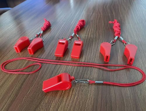 Red Plastic Sports Whistles with Lanyard - 20 Pack Referee & Emergency Use
