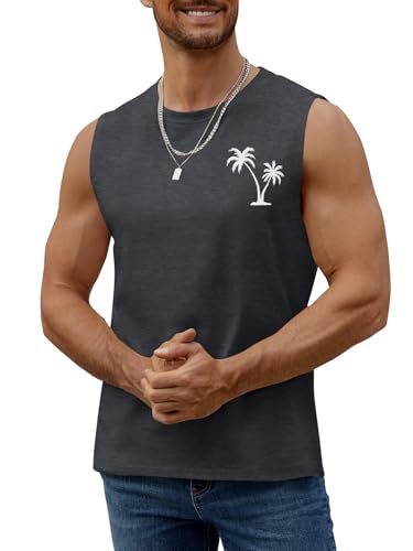 Men's Tropical Hawaiian Palm Tree Print Tank Top - Dark Grey, Medium