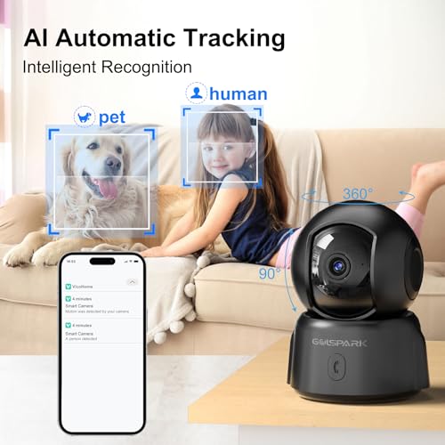 GOLSPARK Dog Pet Camera for Home Security 2K,2.4GHz WiFi Camera Baby Monitor for Room with Motion Tracking Detection Night Vision,Two-Way Audio SD/Cloud Storage