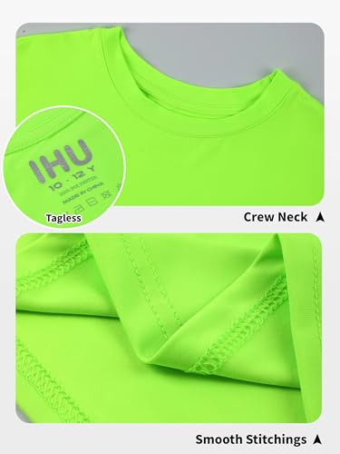 Boys Neon Rash Guard - Dry Fit UPF50+ Short Sleeve Shirt - Neon Green, 10-12 Years