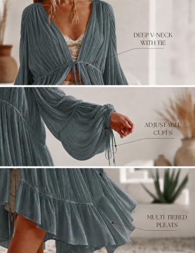 Grey Small Womens Kimono Coverup Dress Tie-Front Beach Duster Top