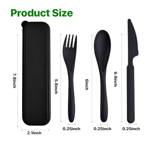 Reusable Travel Utensil Set with Case - Wheat Straw Portable Cutlery - Black