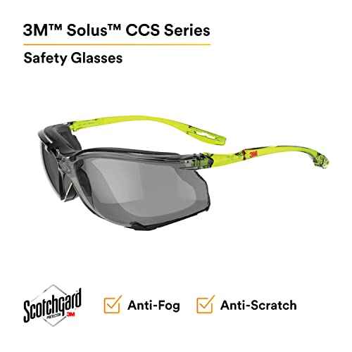3M Safety Glasses, Solus CCS Series, ANSI Z87, Scotchgard Anti-Fog Coating, Gray Lens, Corded Ear Plug Control System, Removable Foam Gasket, SCCS02SGAF-GRN-F