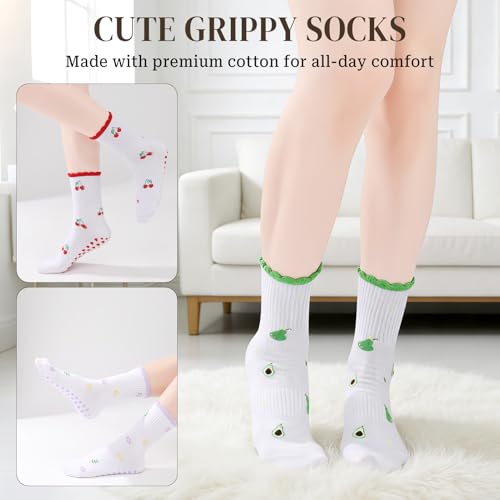Women's Ruffle Pilates Grip Socks - 8 Pairs Cotton Non-Slip - Cool Fresh