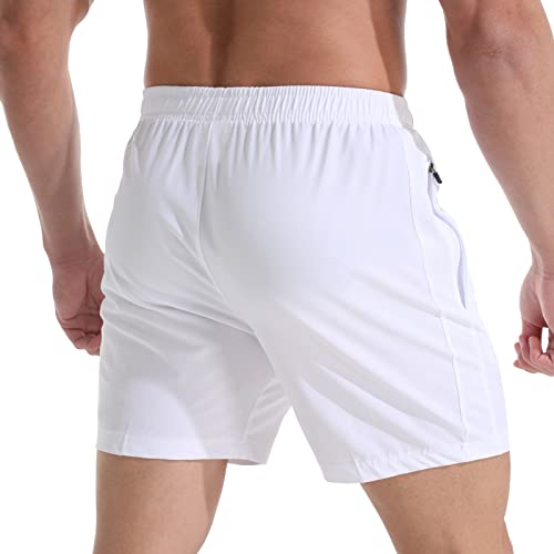 Men's 5-Inch Gym Shorts - Lightweight Quick Dry Athletic Shorts with Zipper Pockets - Large, White