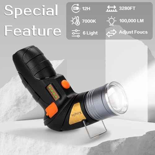 Rechargeable Spotlight,Super Bright 100,000 LED Handheld Spotlight with Zoomable,Foldable Stand,IP67 Waterproof Compact Outdoor for Hunting Walking Emergency Camping