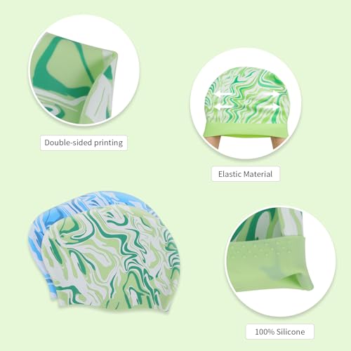 Silicone Swim Cap for Women - Stylish Marble Print, 2 Pack - Blue & Green