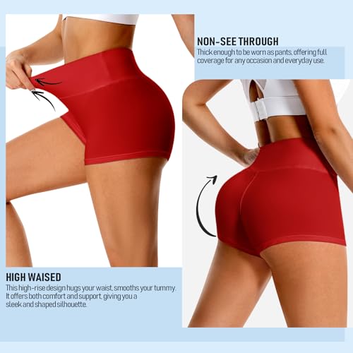 DHSO High Waisted Buttery Soft Biker Shorts for Women 5 Inch Tummy Control, No Pockets, Small-Medium, Red