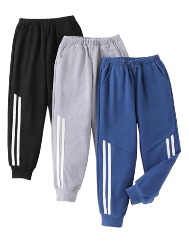 EDFTM Girls 3 Pack Sweatpants with Pockets, Elastic Waist Joggers, 5-6 Years Navy/Gray/Black
