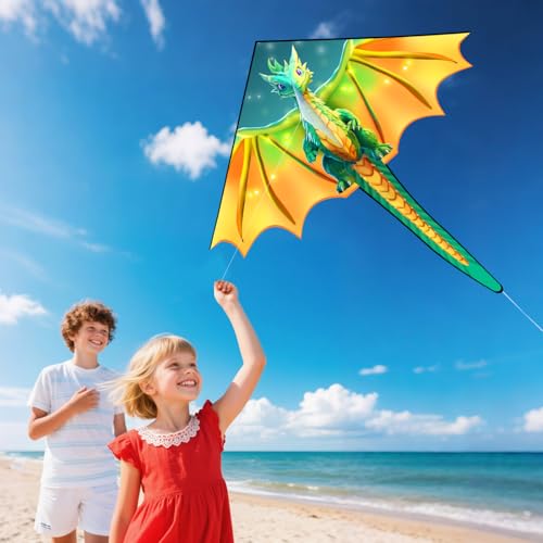 Xida Dragon S Kite for Kids 4-12 Easy Fly 55x61.8in Large Beach Kite