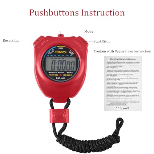Digital Stopwatch Timer with Stainless Steel Whistle - Red