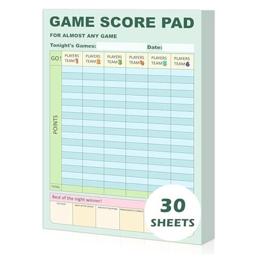 30 Sheets Game Score Pads - Double Sided Score Tracker, 6 x 9 Inch