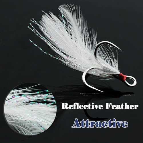 15Pcs Feathered Treble Hooks - Premium Carbon Steel, Size 8#