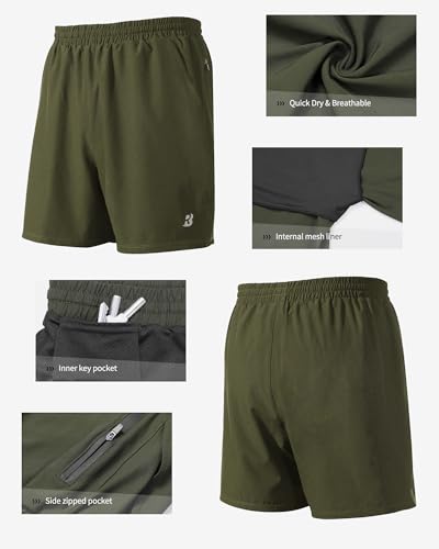 Men's 5-Inch Quick Dry Running Shorts with Pockets - 3X-Large Olive Green