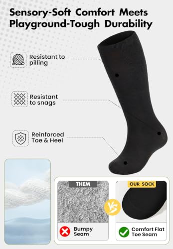 Kids Soccer Socks - 2 Pack Knee High Cotton Socks for Ages 10-12 - Black