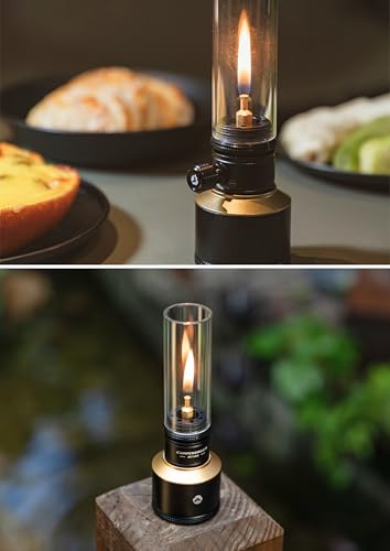 Camping Moon Black Refillable Gas Candle Lantern 15g with Glass Globe & Wooden Case