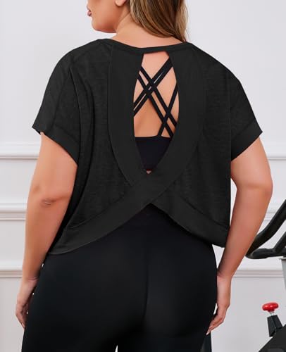 Fisoew 3X-Large Black Women's Plus Size Open Back Workout Top - Backless Athletic Shirt