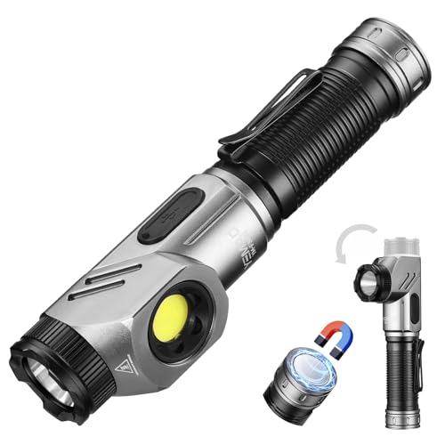 Yemao Rechargeable Tactical Flashlights 1600 High Lumens 2 Light Sources,6 Modes,90 Degree Rotating,Waterproof Working Light with Magnetic Base for Home Emergency,Outdoor,Camping,Shop