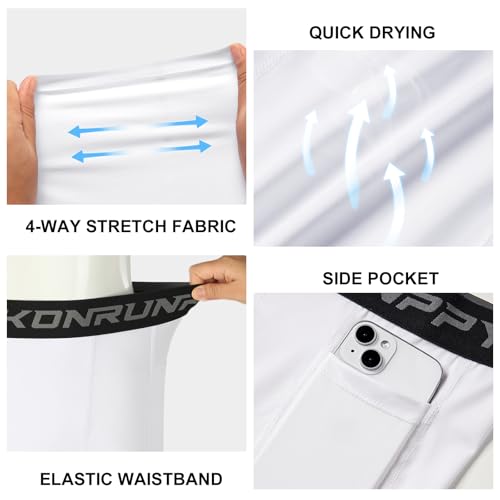 Boys Compression Shorts - Athletic Spandex Underwear with Pocket - Medium/White