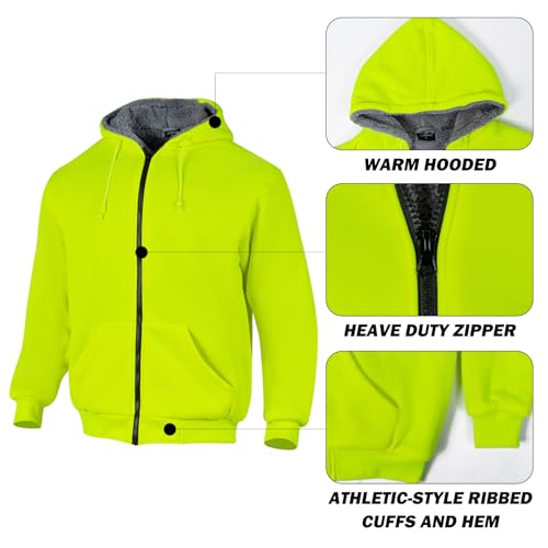 VENDACE Hi Vis Hoodie for Men Sherpa Fleece Lined Safety Sweatshirt Fleece Hoodie Zipper Construction Work Jacket Sweater