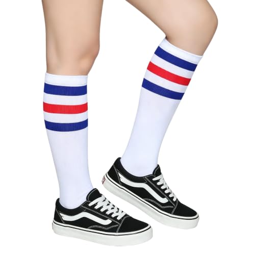 Soft Cotton Knee High Tube Socks - Blue/Red/White - One Size